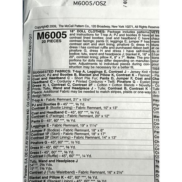 McCalls 6005 pattern 18in Doll clothes dress pajamas tutu jumper coat pants - Picture 4 of 7